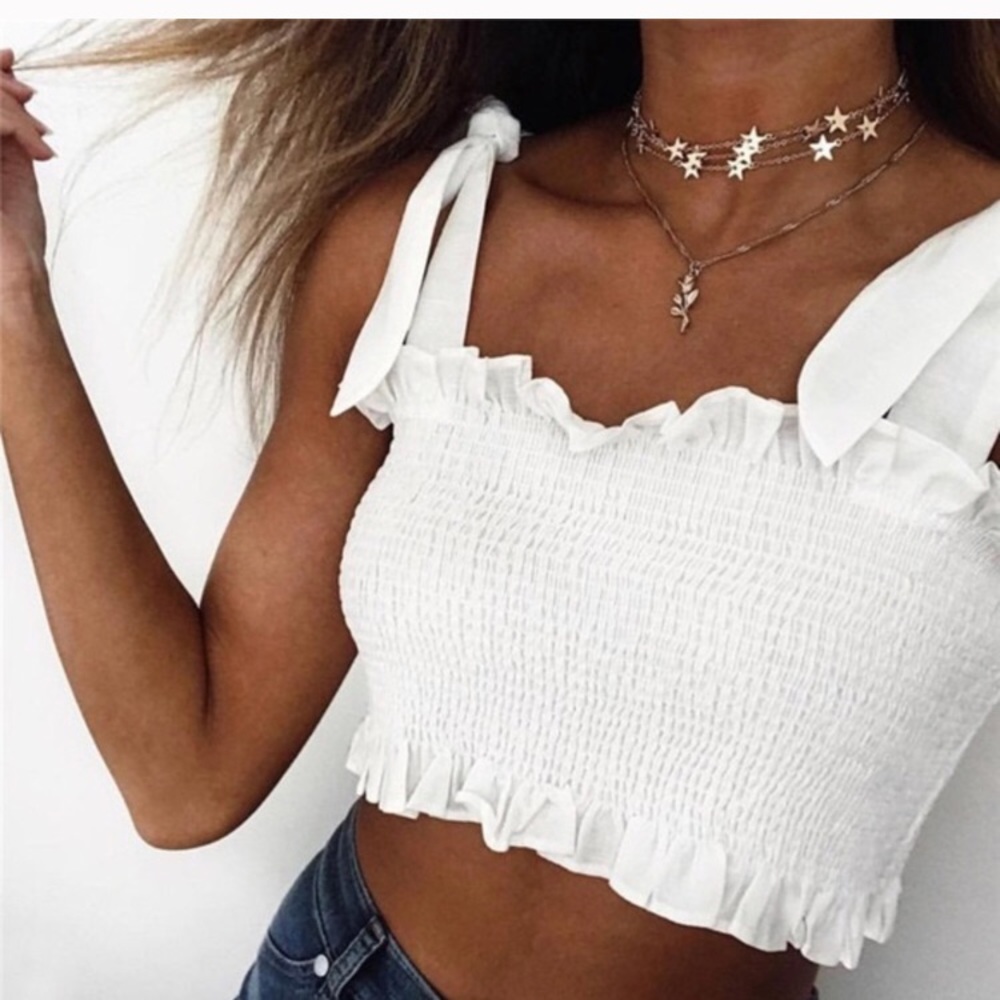 ‘Bocca’ Ruffle Smocked Crop Top w/ Shoulder Ties - Picture 2 of 6